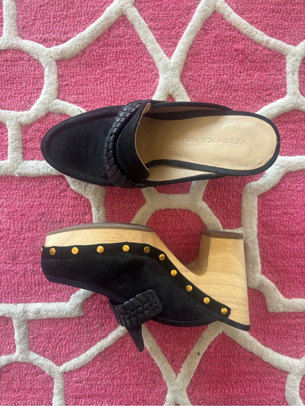 VERONICA BEARD - Black Suede Platform Clog Heels with Wood Sole - Picture 4 of 5